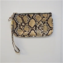 Load image into Gallery viewer, Clutch 5" x 8-1/4" with matching zipper tag and wrist handle. 4 prints available Black Snakeskin, Brown Snakeskin, Leopard and Black with Yellow flowers.