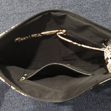 Load image into Gallery viewer, Grand Clutch 8-3/4" x 12" Zipper closure Matching wrist strap 3 interior pockets 2 prints Brown Snakeskin and Leopard