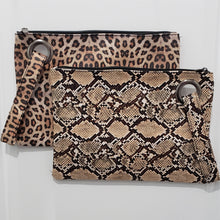 Load image into Gallery viewer, Grand Clutch 8-3/4" x 12" Zipper closure Matching wrist strap 3 interior pockets 2 prints Brown Snakeskin and Leopard