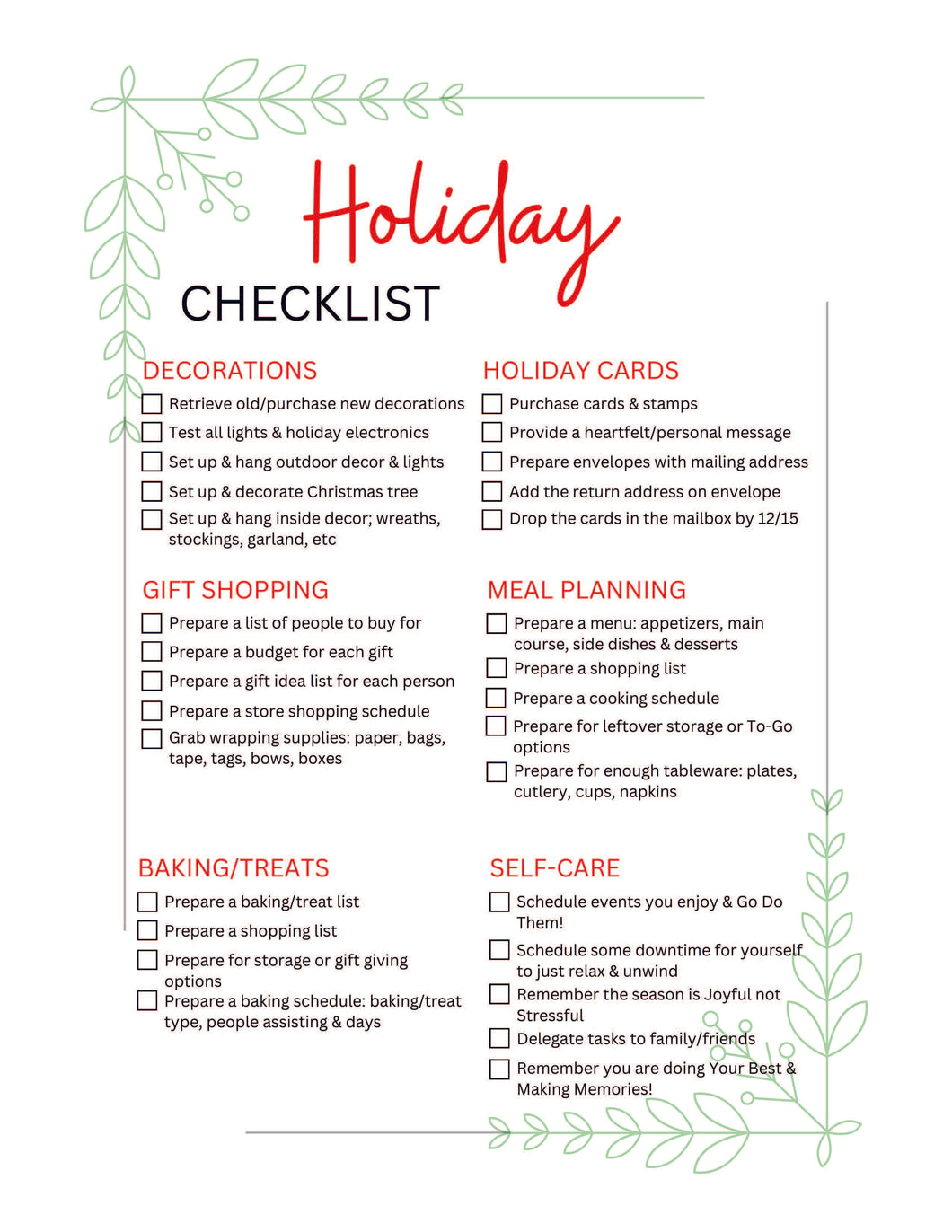 Holiday Checklist