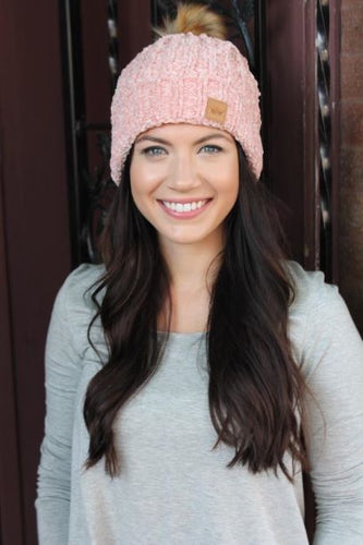 Our Pink Chenille Beanie is sweet & sophisticated! This knit beanie with faux fur pom is fleece lined & is very soft & cozy. You'll feel like the princess you are in it!