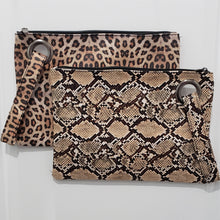 Load image into Gallery viewer, Grand Clutch 8-3/4&quot; x 12&quot; Zipper closure Matching wrist strap 3 interior pockets 2 prints Brown Snakeskin and Leopard
