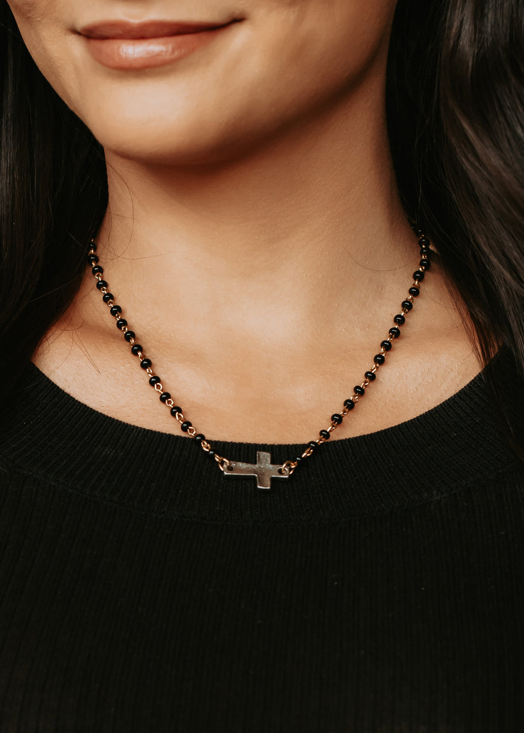 Beaded Chain Cross Necklace - Black/Silver