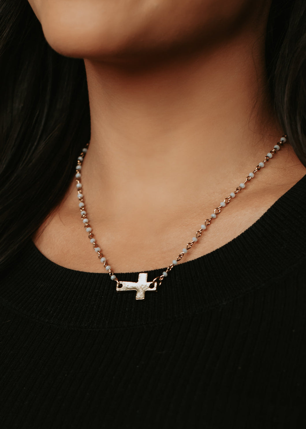 Beaded Chain Cross Necklace - White/Gold