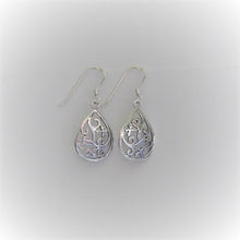 Load image into Gallery viewer, Sterling Silver Teardrop Filigree Earrings. Fishhook backing. 1.5&quot; x .55&quot;
