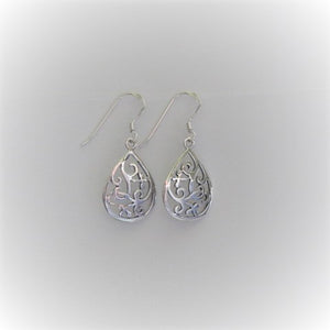 Sterling Silver Teardrop Filigree Earrings. Fishhook backing. 1.5" x .55"