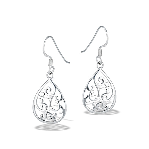 Sterling Silver Teardrop Filigree Earrings. Fishhook backing. 1.5