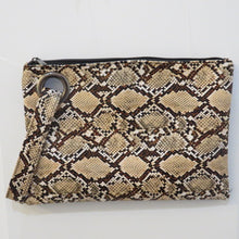 Load image into Gallery viewer, Grand Clutch 8-3/4&quot; x 12&quot; Zipper closure Matching wrist strap 3 interior pockets 2 prints Brown Snakeskin and Leopard
