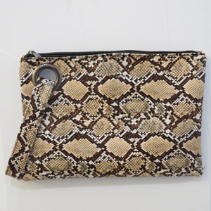 Grand Clutch 8-3/4" x 12" Zipper closure Matching wrist strap 3 interior pockets 2 prints Brown Snakeskin and Leopard