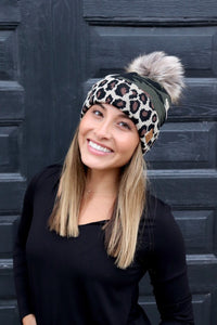 Leopard and camo beanie 100% soft acrylic knit with faux fur pom. 