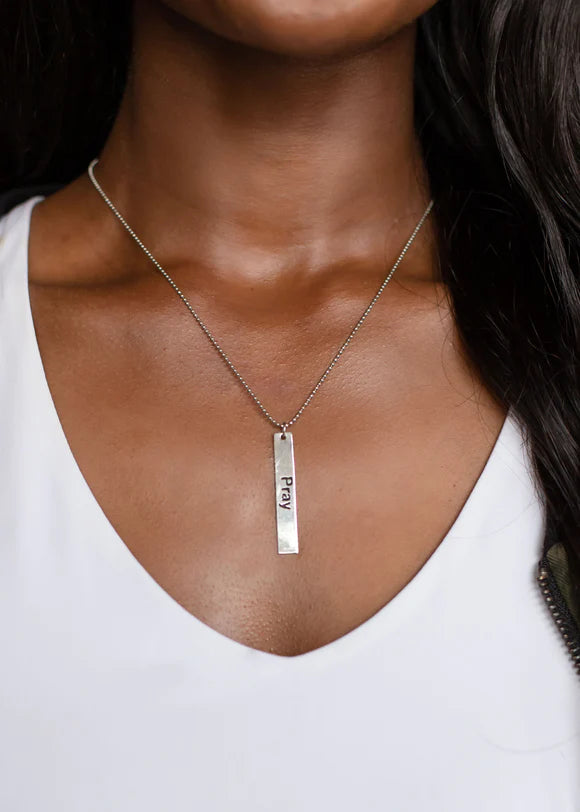 Message Tag Pendant Necklace - Pray in Silver