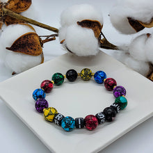 Load image into Gallery viewer, This beautiful RISE boost bracelet has colorful marbled beads with gold bead accents.  The word Rise can mean several things; to move upward, to respond warmly, to move upward: ascend and several other things according to Merriam-Webster. For us, this bracelet is meant to boost your confidence in whatever meaning YOU need it to.  Rise to the Challenge * Rise in your Faith * Rise to Uplift Others
