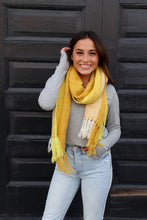 Load image into Gallery viewer, Tri-color Yellow scarf that is soft, long and has fun-loving fringe.
