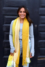 Load image into Gallery viewer, Tri-color Yellow scarf that is soft, long and has fun-loving fringe.
