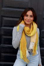 Load image into Gallery viewer, Tri-color Yellow scarf that is soft, long and has fun-loving fringe.
