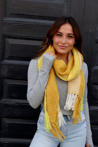 Tri-color Yellow scarf that is soft, long and has fun-loving fringe.